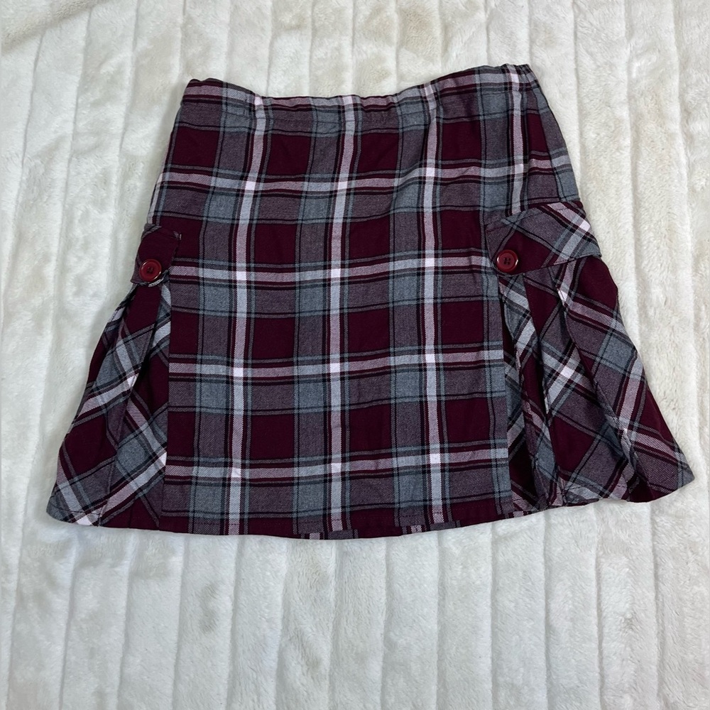 Lands End Girls 16 Dark Red Grey Plaid Pleated School Fall Spring Preppy Skort